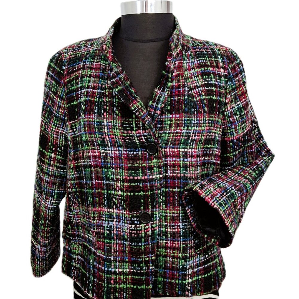 Talbots Sz 14 Petite Nehru Cropped Wool Blend Blazer Multi-Color Textured Tweed - Picture 2 of 14